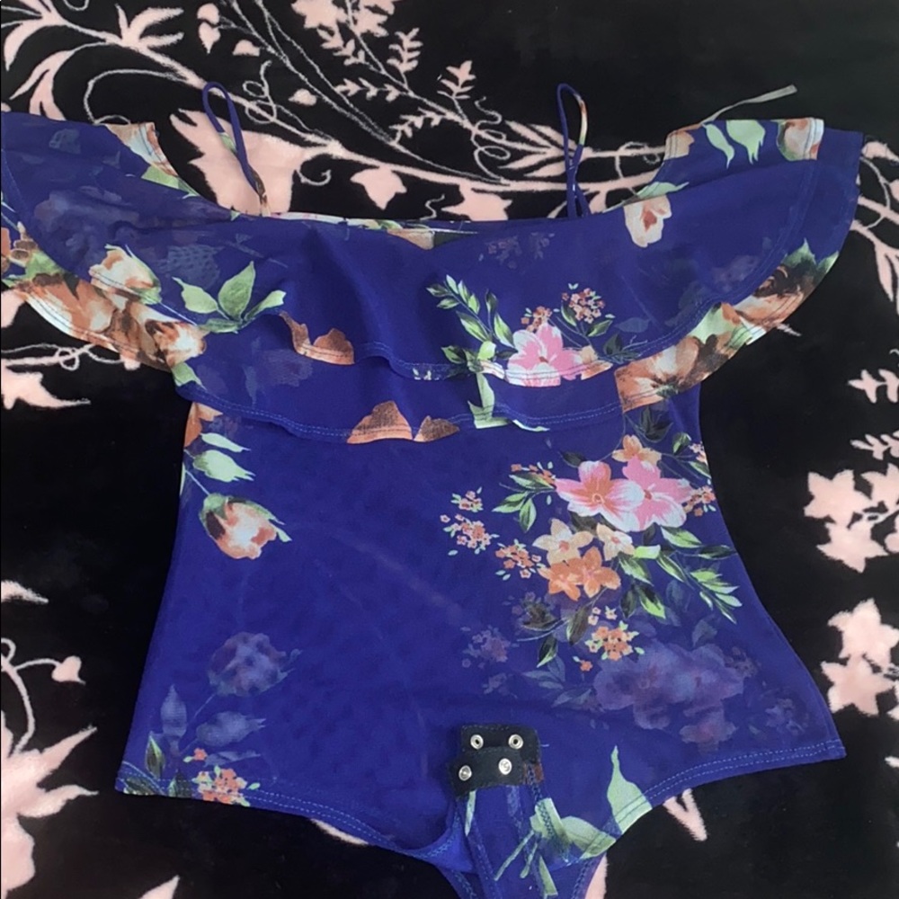 blue blouse with flowers with transparent flowers